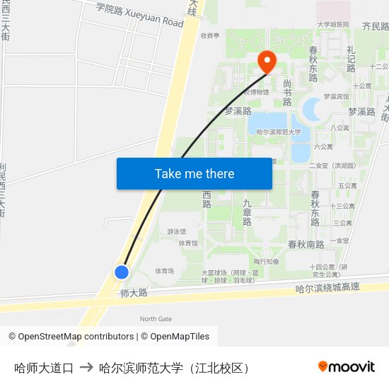 哈师大道口 to 哈尔滨师范大学（江北校区） map