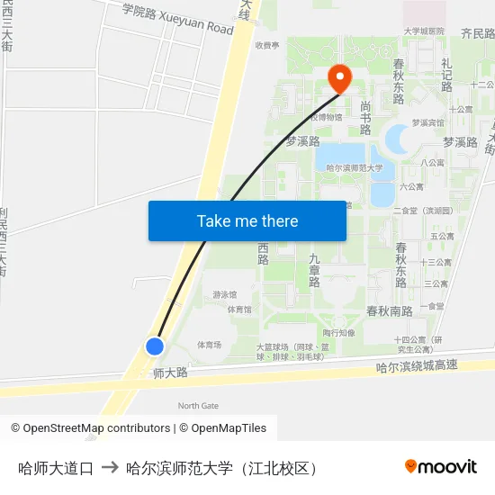 哈师大道口 to 哈尔滨师范大学（江北校区） map