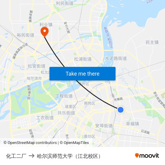 化工二厂 to 哈尔滨师范大学（江北校区） map