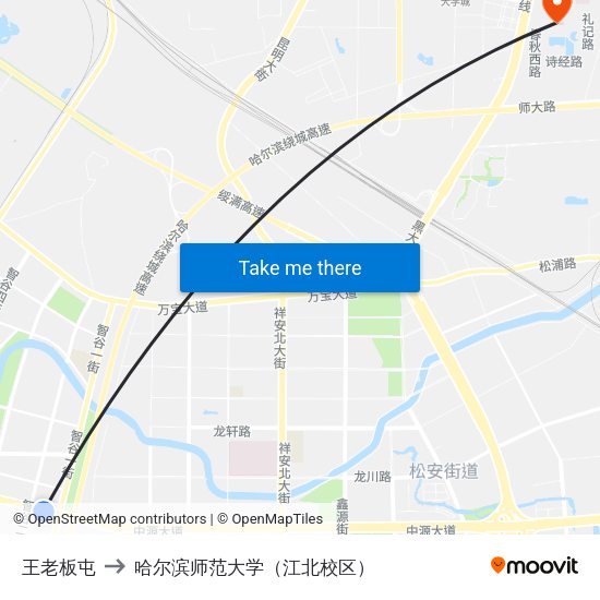 王老板屯 to 哈尔滨师范大学（江北校区） map