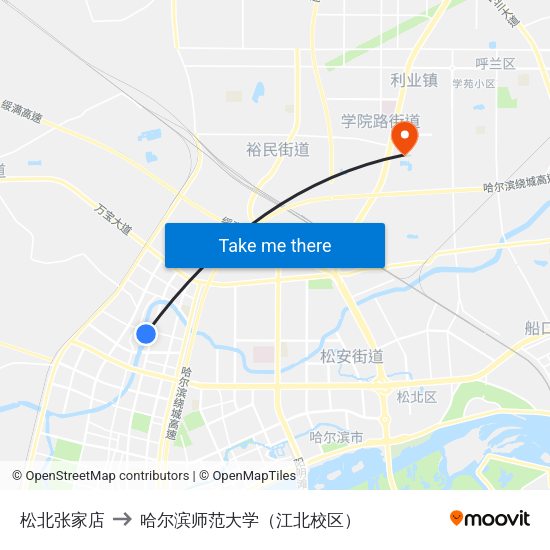 松北张家店 to 哈尔滨师范大学（江北校区） map