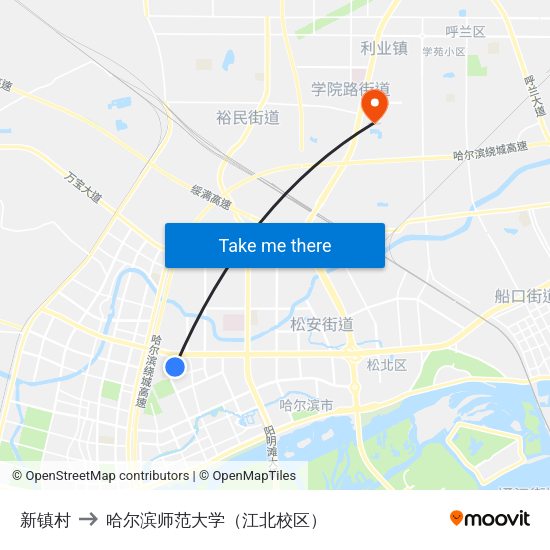 新镇村 to 哈尔滨师范大学（江北校区） map