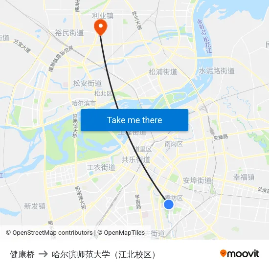 健康桥 to 哈尔滨师范大学（江北校区） map