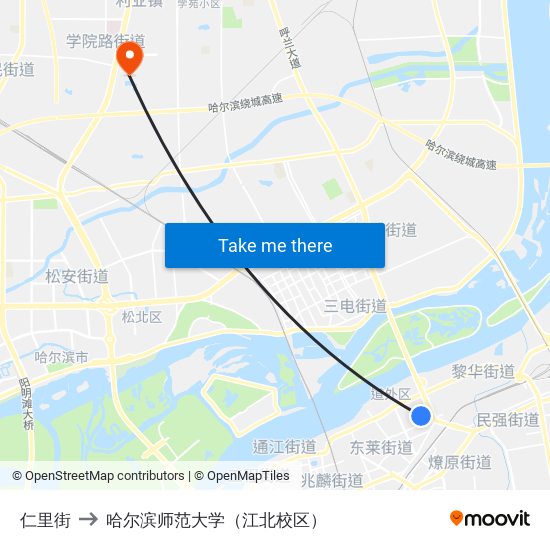 仁里街 to 哈尔滨师范大学（江北校区） map