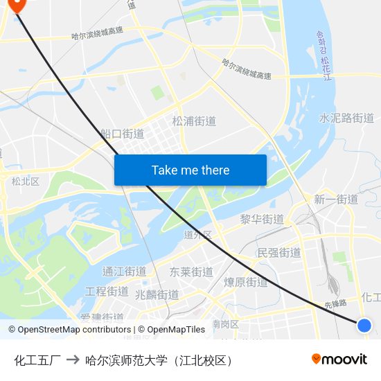 化工五厂 to 哈尔滨师范大学（江北校区） map