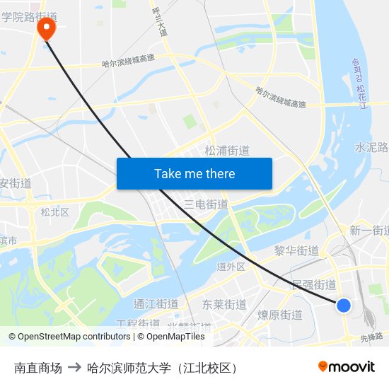 南直商场 to 哈尔滨师范大学（江北校区） map