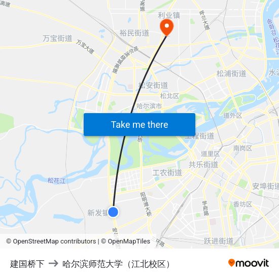 建国桥下 to 哈尔滨师范大学（江北校区） map