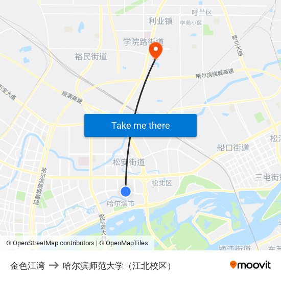 金色江湾 to 哈尔滨师范大学（江北校区） map