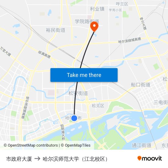 市政府大厦 to 哈尔滨师范大学（江北校区） map