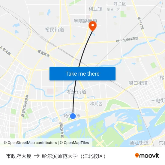 市政府大厦 to 哈尔滨师范大学（江北校区） map