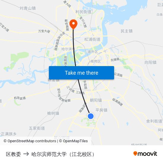 区教委 to 哈尔滨师范大学（江北校区） map