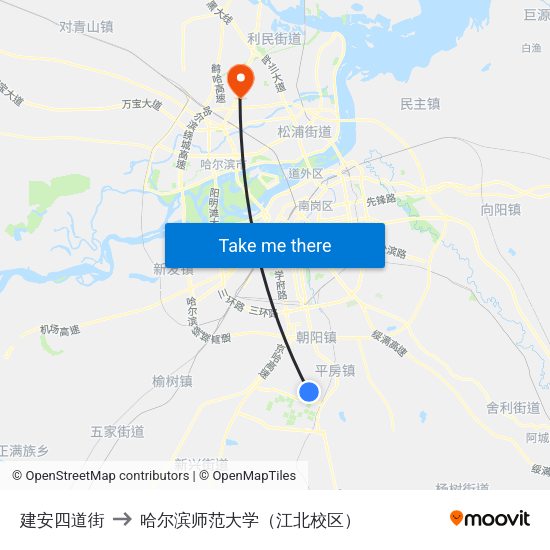 建安四道街 to 哈尔滨师范大学（江北校区） map
