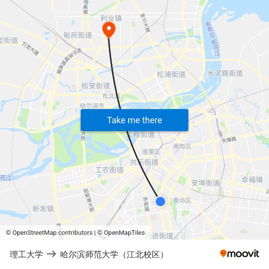 理工大学 to 哈尔滨师范大学（江北校区） map