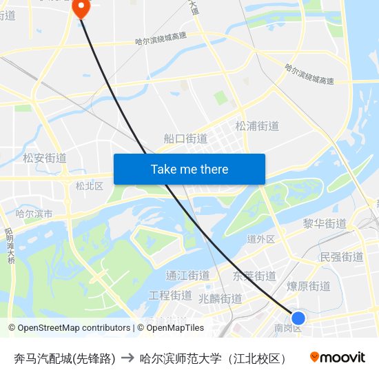 奔马汽配城(先锋路) to 哈尔滨师范大学（江北校区） map