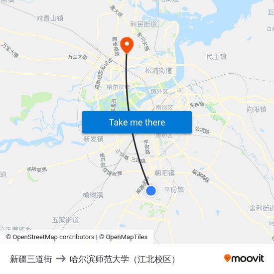 新疆三道街 to 哈尔滨师范大学（江北校区） map