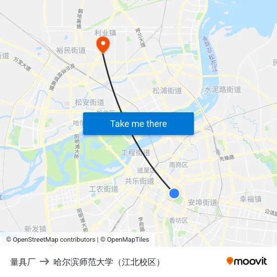 量具厂 to 哈尔滨师范大学（江北校区） map