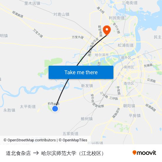 道北食杂店 to 哈尔滨师范大学（江北校区） map
