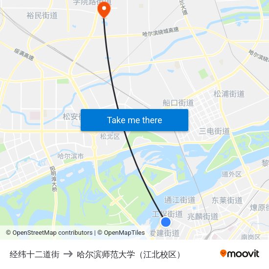 经纬十二道街 to 哈尔滨师范大学（江北校区） map