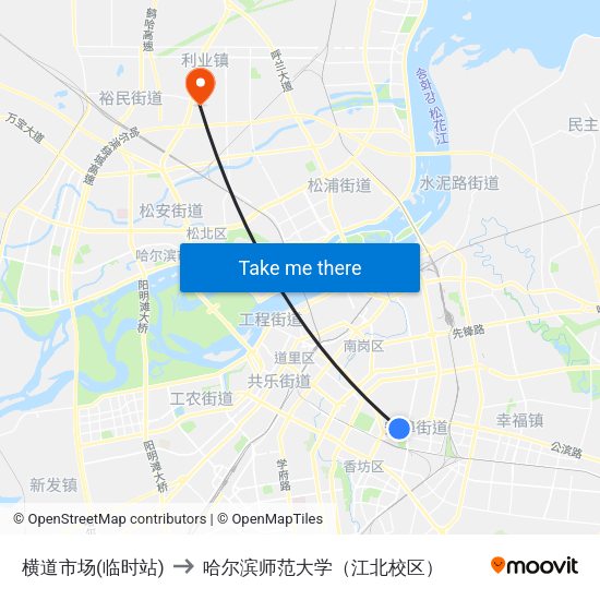 横道市场(临时站) to 哈尔滨师范大学（江北校区） map