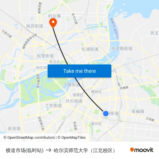 横道市场(临时站) to 哈尔滨师范大学（江北校区） map