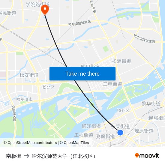 南极街 to 哈尔滨师范大学（江北校区） map
