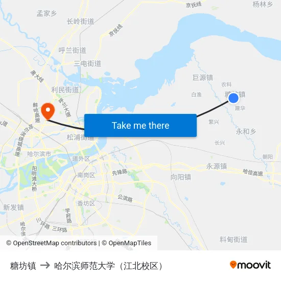 糖坊镇 to 哈尔滨师范大学（江北校区） map