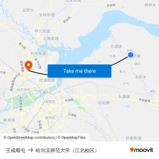 王成顺屯 to 哈尔滨师范大学（江北校区） map