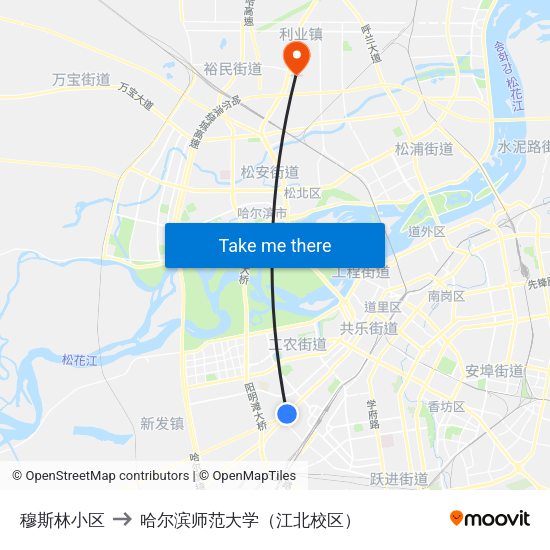 穆斯林小区 to 哈尔滨师范大学（江北校区） map