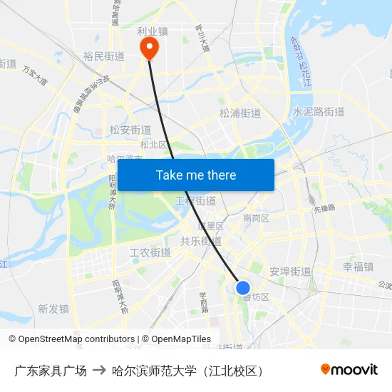 广东家具广场 to 哈尔滨师范大学（江北校区） map