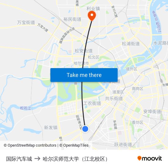 国际汽车城 to 哈尔滨师范大学（江北校区） map