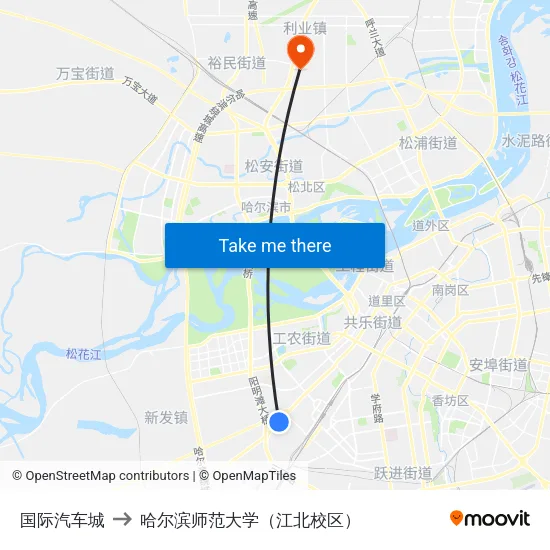 国际汽车城 to 哈尔滨师范大学（江北校区） map