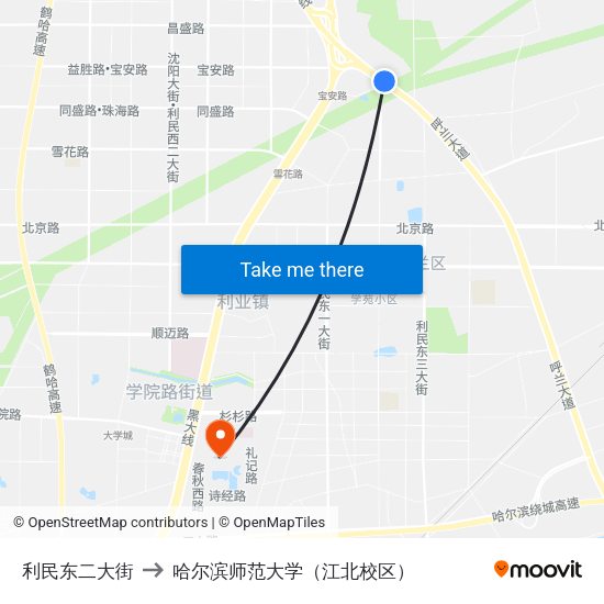 利民东二大街 to 哈尔滨师范大学（江北校区） map