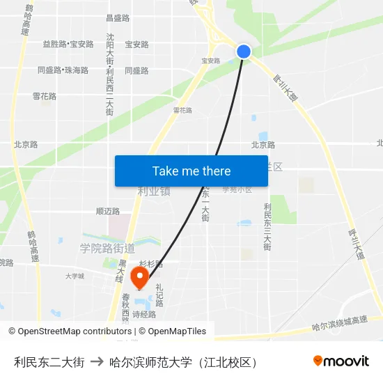 利民东二大街 to 哈尔滨师范大学（江北校区） map