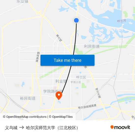 义乌城 to 哈尔滨师范大学（江北校区） map