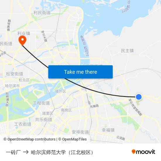 一砖厂 to 哈尔滨师范大学（江北校区） map