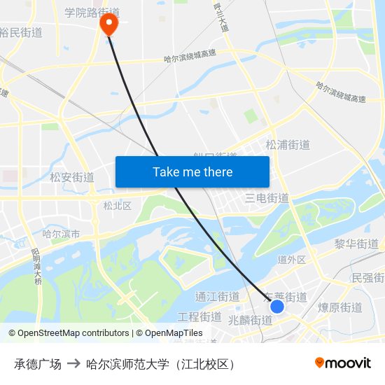 承德广场 to 哈尔滨师范大学（江北校区） map