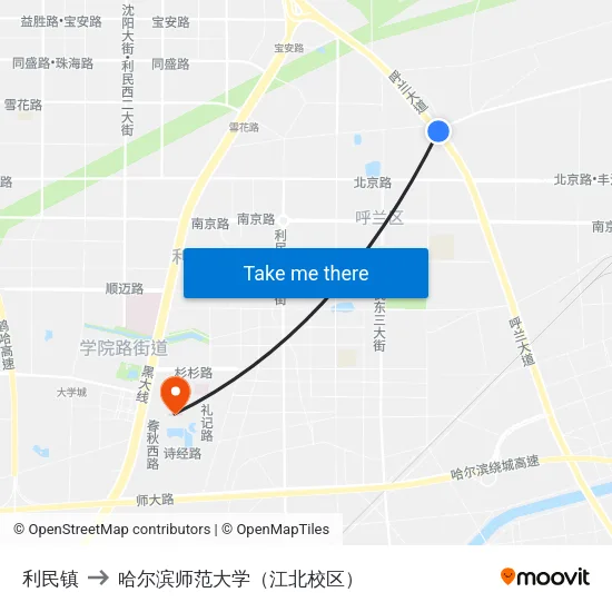 利民镇 to 哈尔滨师范大学（江北校区） map