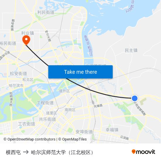 横西屯 to 哈尔滨师范大学（江北校区） map