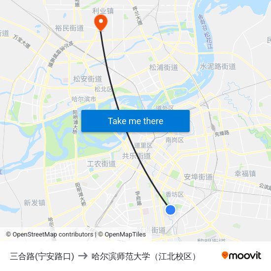 三合路(宁安路口) to 哈尔滨师范大学（江北校区） map