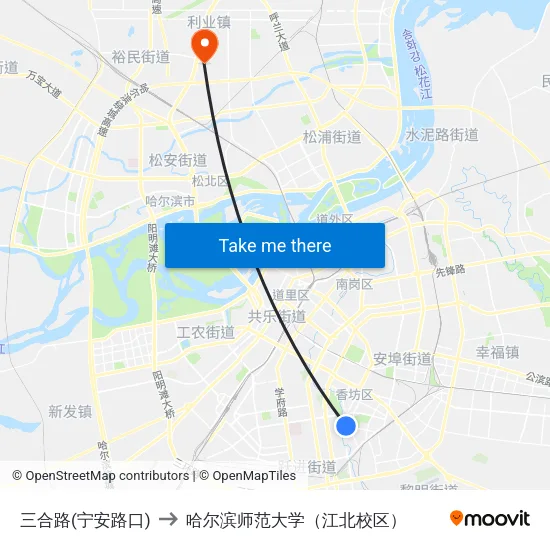 三合路(宁安路口) to 哈尔滨师范大学（江北校区） map
