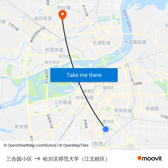 三合园小区 to 哈尔滨师范大学（江北校区） map