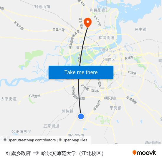 红旗乡政府 to 哈尔滨师范大学（江北校区） map