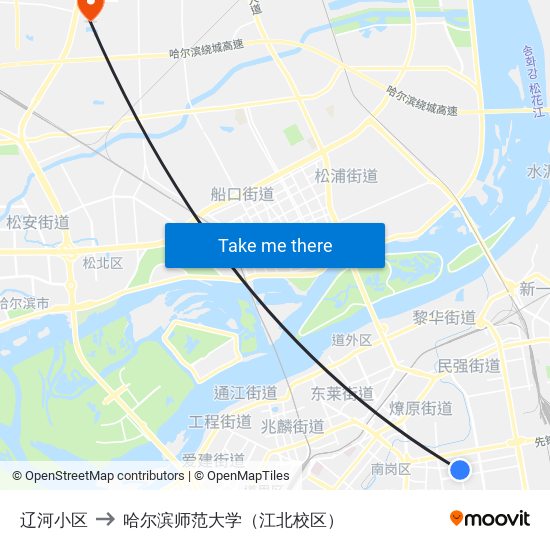 辽河小区 to 哈尔滨师范大学（江北校区） map