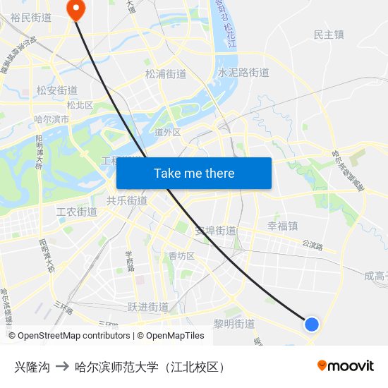 兴隆沟 to 哈尔滨师范大学（江北校区） map