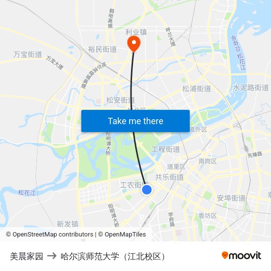 美晨家园 to 哈尔滨师范大学（江北校区） map