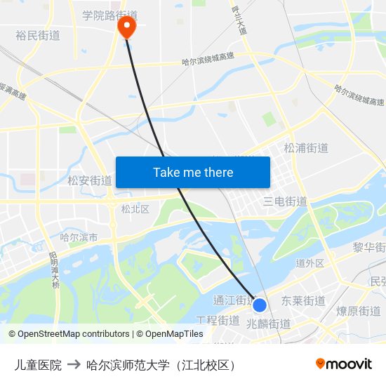 儿童医院 to 哈尔滨师范大学（江北校区） map