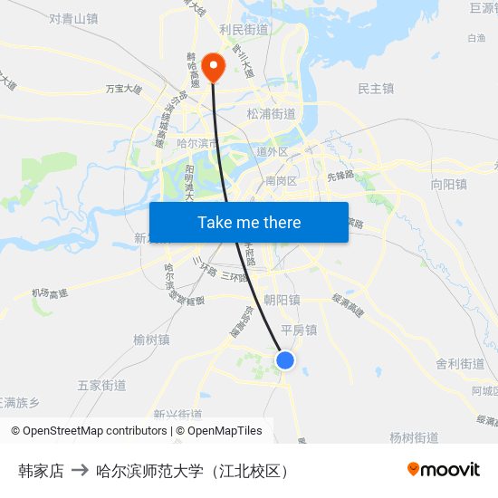 韩家店 to 哈尔滨师范大学（江北校区） map