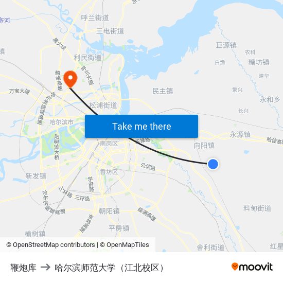鞭炮库 to 哈尔滨师范大学（江北校区） map