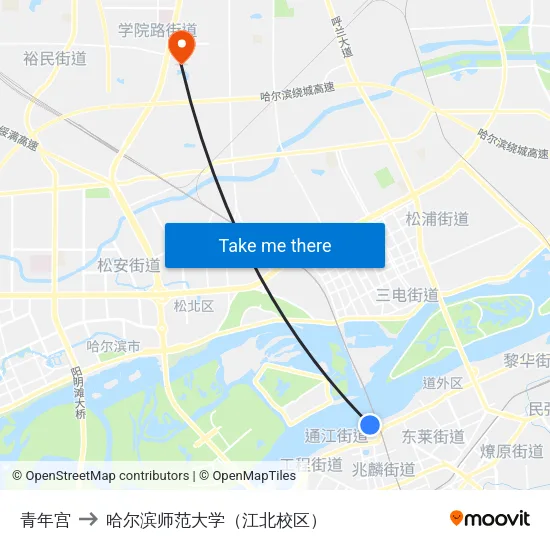 青年宫 to 哈尔滨师范大学（江北校区） map