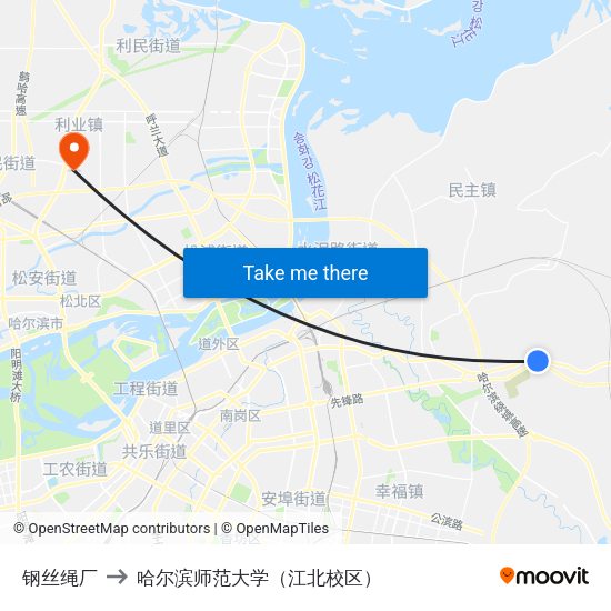 钢丝绳厂 to 哈尔滨师范大学（江北校区） map